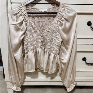 MINE Cream Pinstripe Smocked V-Neck Peplum Blouse